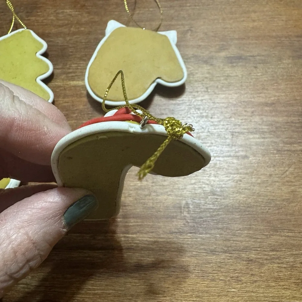 Set‎ Of 4 Christmas Ornaments Handmade Soft Clay - Stocking, Candy Cane, Tree